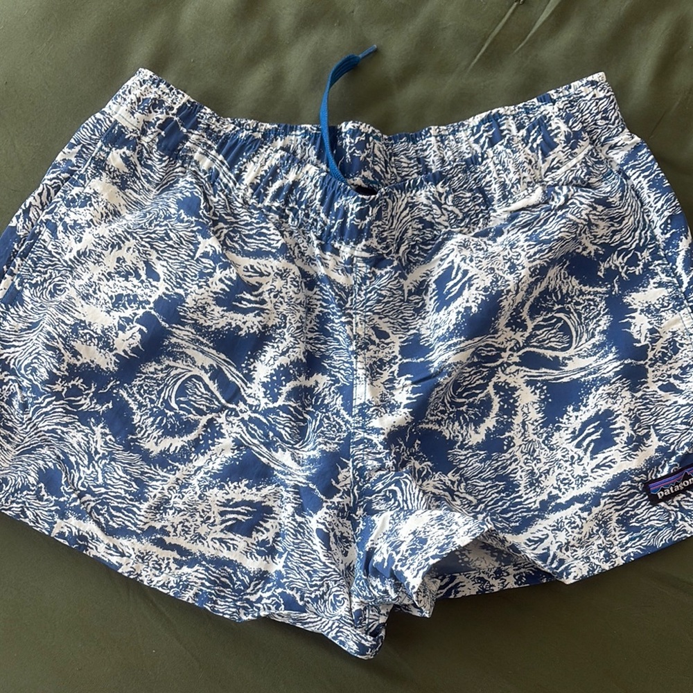 Patagonia Blue and White Athletic Shorts Dynamic Design
